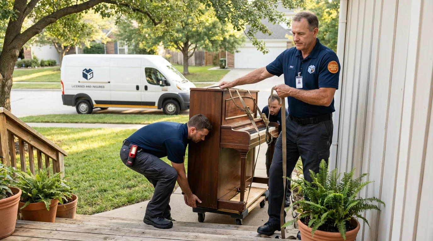Licensed piano movers securing grand piano in Andover, OH