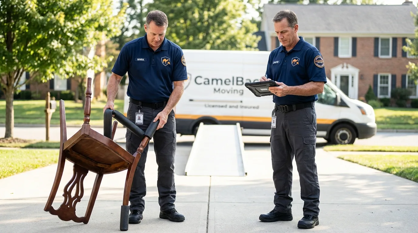 Movers inspecting furniture for damage prevention before loading in Andover, OH